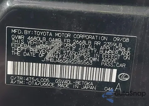 2009 Lexus Es 350 z USA, uszkodzony, nr VIN JTHBJ46G692285563